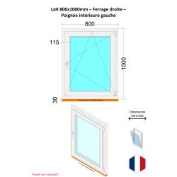 Fenêtre PVC - LxH 800x1000 mm -Triple Vitrage - Bicolore blanc int/anthracite ext-poignée à gauche