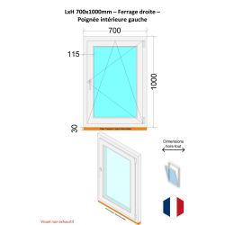 Fenêtre PVC - LxH 700x1000 mm -Triple Vitrage - Bicolore blanc int/anthracite ext-poignée à gauche