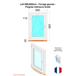 Fenêtre PVC - LxH 600x900 mm -Triple Vitrage - Bicolore blanc int/anthracite ext-poignée à droite