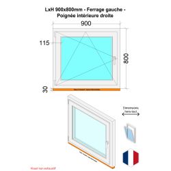 Fenêtre PVC - LxH 900x800 mm -Triple Vitrage - Bicolore blanc int/anthracite ext-poignée à droite