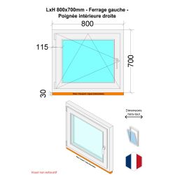 Fenêtre PVC - LxH 800x700 mm -Triple Vitrage - Bicolore blanc int/anthracite ext-poignée à droite