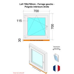 Fenêtre PVC - LxH 700x700 mm -Triple Vitrage - Bicolore blanc int/anthracite ext-poignée à droite