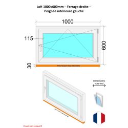 Fenêtre PVC - LxH 1000x600 mm -Triple Vitrage - Bicolore blanc int/anthracite ext-poignée à gauche