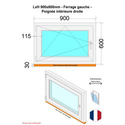 Fenêtre PVC - LxH 900x600 mm -Triple Vitrage - Bicolore blanc int/anthracite ext-poignée à droite