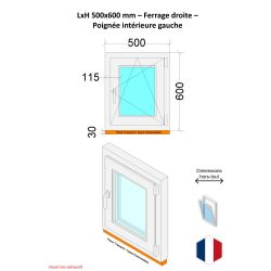 Finestra in PVC - LxH 500x600 mm - Triplo vetro - Maniglia bicolore bianco interno/antracite esterno-sinistra