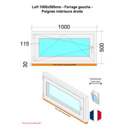 Fenêtre PVC - LxH 1000x500 mm -Triple Vitrage - Bicolore blanc int/anthracite ext-poignée à droite