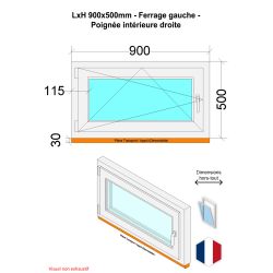 Fenêtre PVC - LxH 900x500 mm -Triple Vitrage - Bicolore blanc int/anthracite ext-poignée à droite