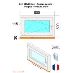 Fenêtre PVC - LxH 800x500 mm -Triple Vitrage - Bicolore blanc int/anthracite ext-poignée à droite