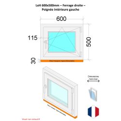 Ventana de PVC - LxH 600x500 mm - Acristalamiento triple - Interior bicolor blanco / exterior antracita - Manilla izquierda