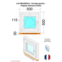 Fenêtre PVC - LxH 500x500 mm -Triple Vitrage - Bicolore blanc int/anthracite ext-poignée à droite