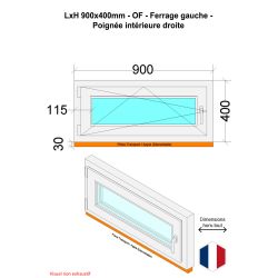 Fenêtre PVC - LxH 900x400 mm -Triple Vitrage - Bicolore blanc int/anthracite ext-poignée à droite