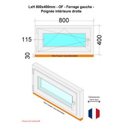 Fenêtre PVC - LxH 800x400 mm -Triple Vitrage - Bicolore blanc int/anthracite ext-poignée à droite