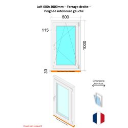 Fenêtre PVC - LxH 600x1000 mm -Triple Vitrage - Blanc -poignée à gauche