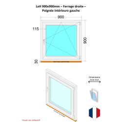 Fenêtre PVC - LxH 900x900 mm -Triple Vitrage - Blanc -poignée à gauche