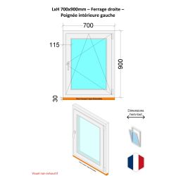 Fenêtre PVC - LxH 700x900 mm -Triple Vitrage - Blanc -poignée à gauche