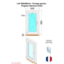 Fenêtre PVC - LxH 500x900 mm -Triple Vitrage - Blanc -poignée à droite