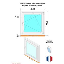 Fenêtre PVC - LxH 800x800 mm -Triple Vitrage - Blanc -poignée à gauche