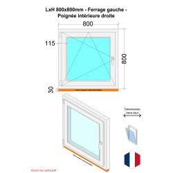 Fenêtre PVC - LxH 800x800 mm -Triple Vitrage - Blanc -poignée à droite