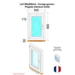 Fenêtre PVC - LxH 500x800 mm -Triple Vitrage - Blanc -poignée à droite