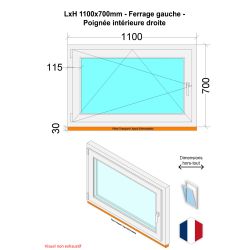 Fenêtre PVC - LxH 1100x700 mm -Triple Vitrage - Blanc -poignée à droite