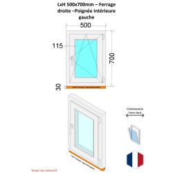 Fenêtre PVC - LxH 500x700 mm -Triple Vitrage - Blanc -poignée à gauche