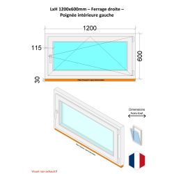 Fenêtre PVC - LxH 1200x600 mm -Triple Vitrage - Blanc -poignée à gauche