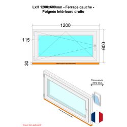 Fenêtre PVC - LxH 1200x600 mm -Triple Vitrage - Blanc -poignée à droite