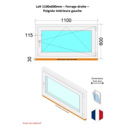 Fenêtre PVC - LxH 1100x600 mm -Triple Vitrage - Blanc -poignée à gauche