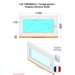 Fenêtre PVC - LxH 1100x600 mm -Triple Vitrage - Blanc -poignée à droite