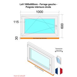 Fenêtre PVC - LxH 1000x600 mm -Triple Vitrage - Blanc -poignée à droite