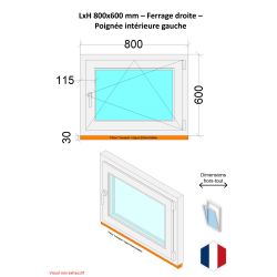 Fenêtre PVC - LxH 800x600 mm -Triple Vitrage - Blanc -poignée à gauche