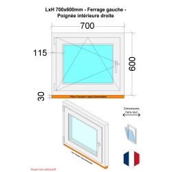 Fenêtre PVC - LxH 700x600 mm -Triple Vitrage - Blanc -poignée à droite