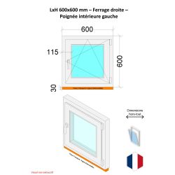 Fenêtre PVC - LxH 600x600 mm -Triple Vitrage - Blanc -poignée à gauche