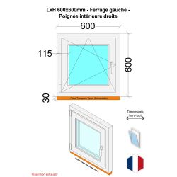 Fenêtre PVC - LxH 600x600 mm -Triple Vitrage - Blanc -poignée à droite