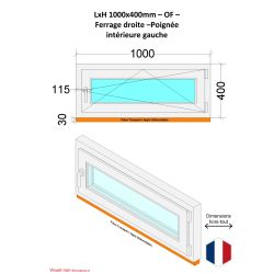 Ventana de PVC - LxH 1000x400 mm - Acristalamiento triple - Blanca - Manilla izquierda