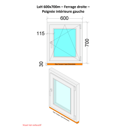 Fenêtre PVC - LxH 600x700 mm -Triple Vitrage - Blanc -poignée à gauche