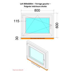 Fenêtre PVC - LxH 800x600 mm -Triple Vitrage - Blanc -poignée à droite